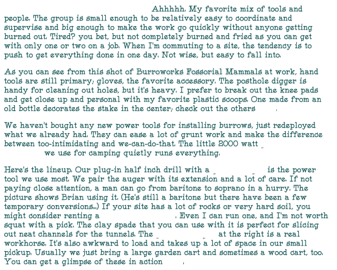                                                   Ahhhhh. My favorite mix of tools and people. The group is small enough to be relatively easy to coordinate and supervise and big enough to make the work go quickly without anyone getting burned out. Tired? you bet, but not completely burned and fried as you can get with only one or two on a job. When I’m commuting to a site, the tendency is to push to get everything done in one day. Not wise, but easy to fall into. 
As you can see from this shot of Burroworks Fossorial Mammals at work, hand tools are still primary; gloves, the favorite accessory. The posthole digger is handy for cleaning out holes, but it’s heavy. I prefer to break out the knee pads and get close up and personal with my favorite plastic scoops. One made from an old bottle decorates the stake in the center; check out the others here. 
We haven’t bought any new power tools for installing burrows, just redeployed what we already had. They can ease a lot of grunt work and make the difference between too-intimidating and we-can-do-that. The little 2000 watt portable generator we use for camping quietly runs everything. 
Here’s the lineup. Our plug-in half inch drill with a garden auger is the power tool we use most. We pair the auger with its extension and a lot of care. If not paying close attention, a man can go from baritone to soprano in a hurry. The picture shows Brian using it. (He’s still a baritone but there have been a few temporary conversions...) If your site has a lot of rocks or very hard soil, you might consider renting a demolition hammer. Even I can run one, and I’m not worth squat with a pick. The clay spade that you can use with it is perfect for slicing out neat channels for the tunnels. The powered wagon at the right is a real workhorse. It’s also awkward to load and takes up a lot of space in our small pickup. Usually we just bring a large garden cart and sometimes a wood cart, too. You can get a glimpse of these in action here.